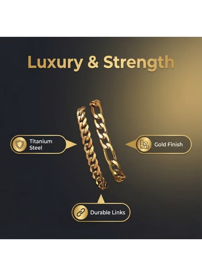 Men's 2-Piece Stainless Steel Cuban & Twist Chain Bracelet Set - 6-Sided Polished Fade-Resistant Gold-Plated Bangle - Image 2
